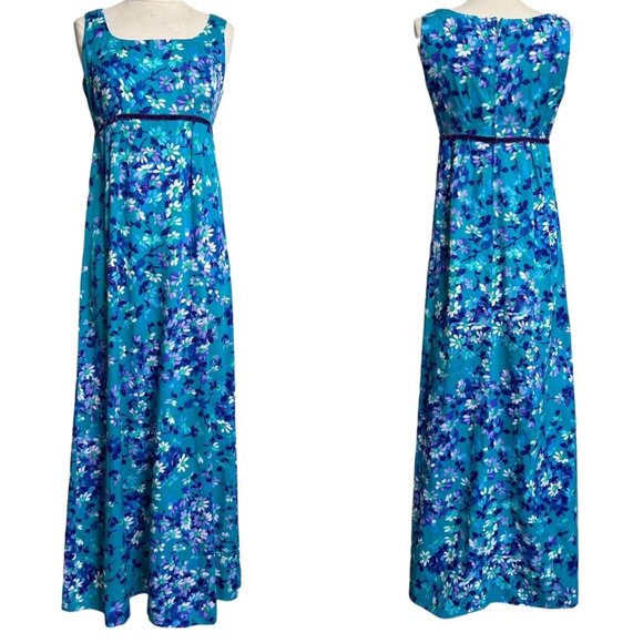 70s Vintage Floral Dress Empire waist Maxi Sleeveless Daisy Hawaiian Barkcloth. - Picture 1 of 8